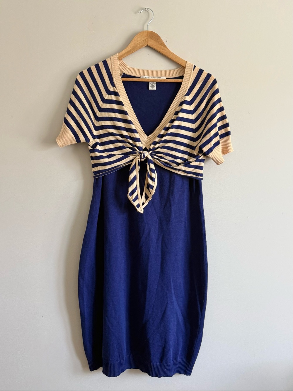 Diane Von Furstenberg Striped Tie-Front Navy and Cream Knit Dress